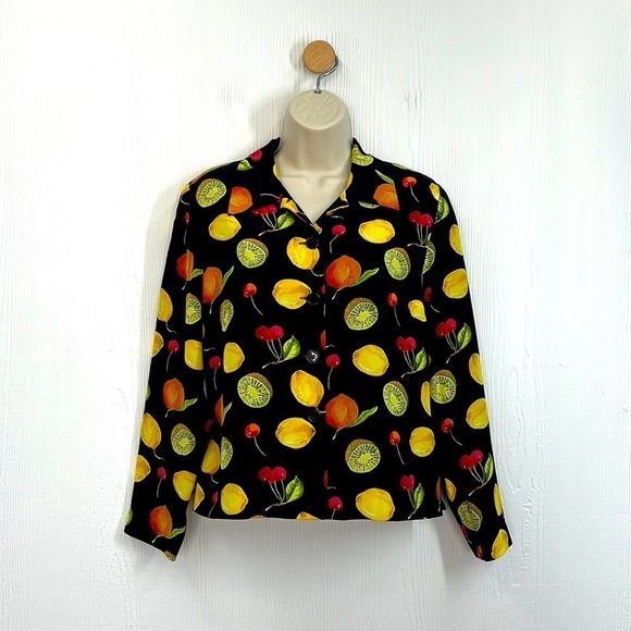 Maggy L - Bright Colorful Fruit Long Sleeve Button Down Silk Top Size 6 Petite - Picture 1 of 13